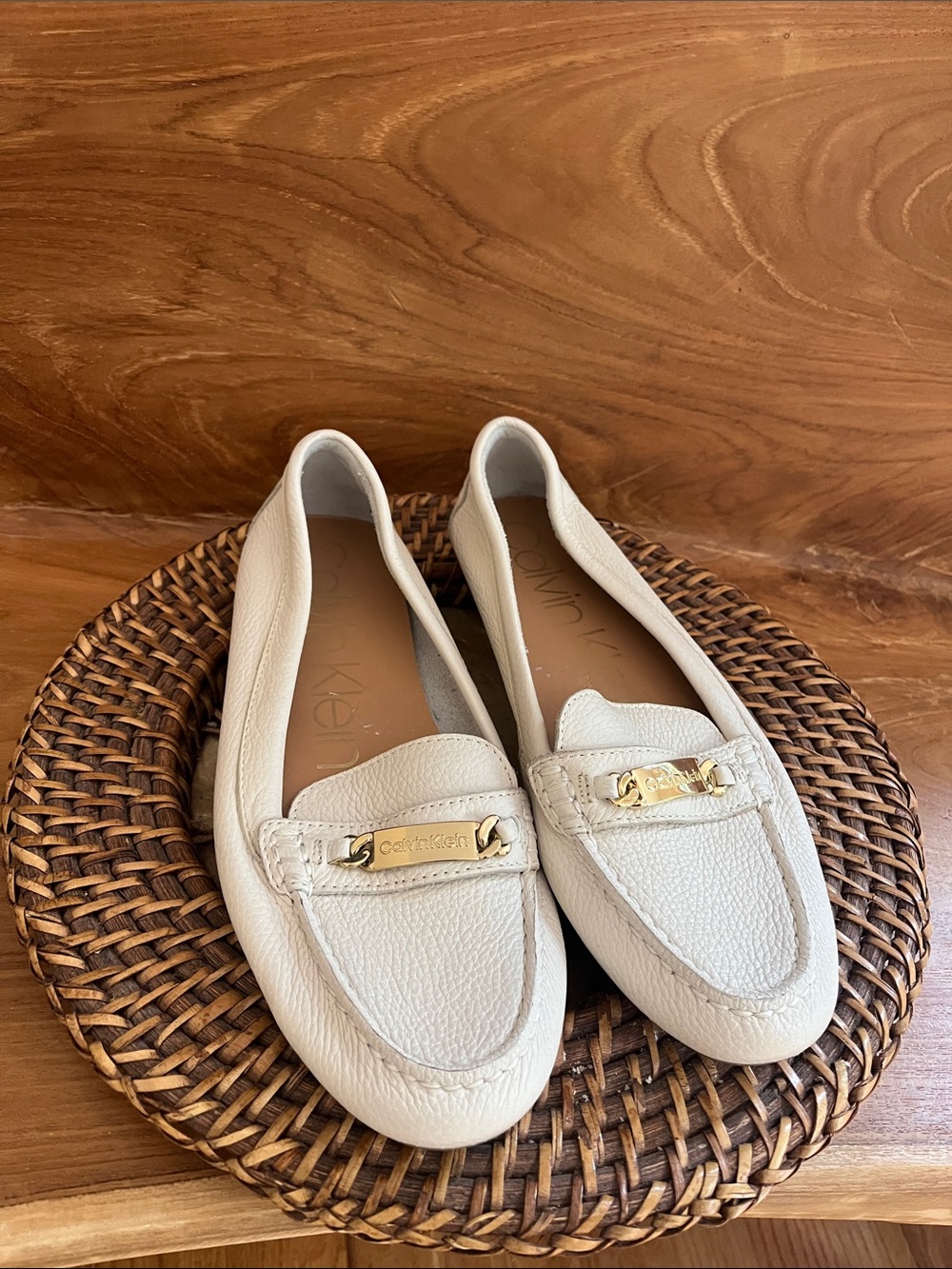 Calvin Klein White Leather Women's Loafers with Gold Accent